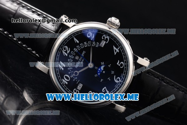 Patek Philippe Grand Complications Asia ST25 Automatic Steel Case with Black Dial and Black Leather Strap Arabic Numeral Markers - Click Image to Close